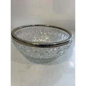 Vintage Pressed Glass Bowl Teardrop Diamond Pattern Silver Tone Rim Centerpiece
